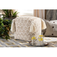 Baxton Studio Noland-Natural-Pouf Noland Moroccan Inspired Natural and Ivory Handwoven Cotton and Hemp Pouf Ottoman